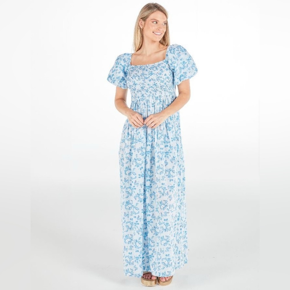 Brand New With Tags! Blue and White Floral Smocked Maxi Dress by Simply Southern